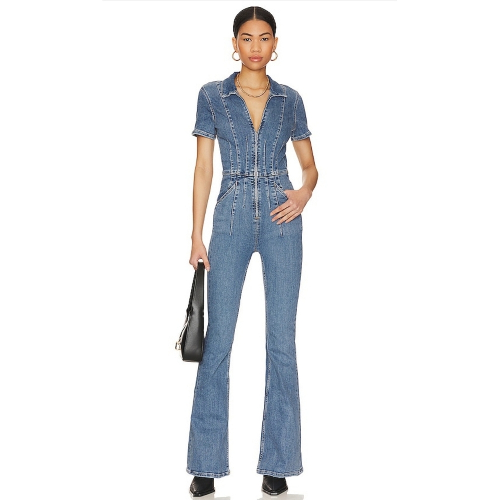 Free People We The Free Jayde Flare Jumpsuit Sunburst Blue Women's Size XL